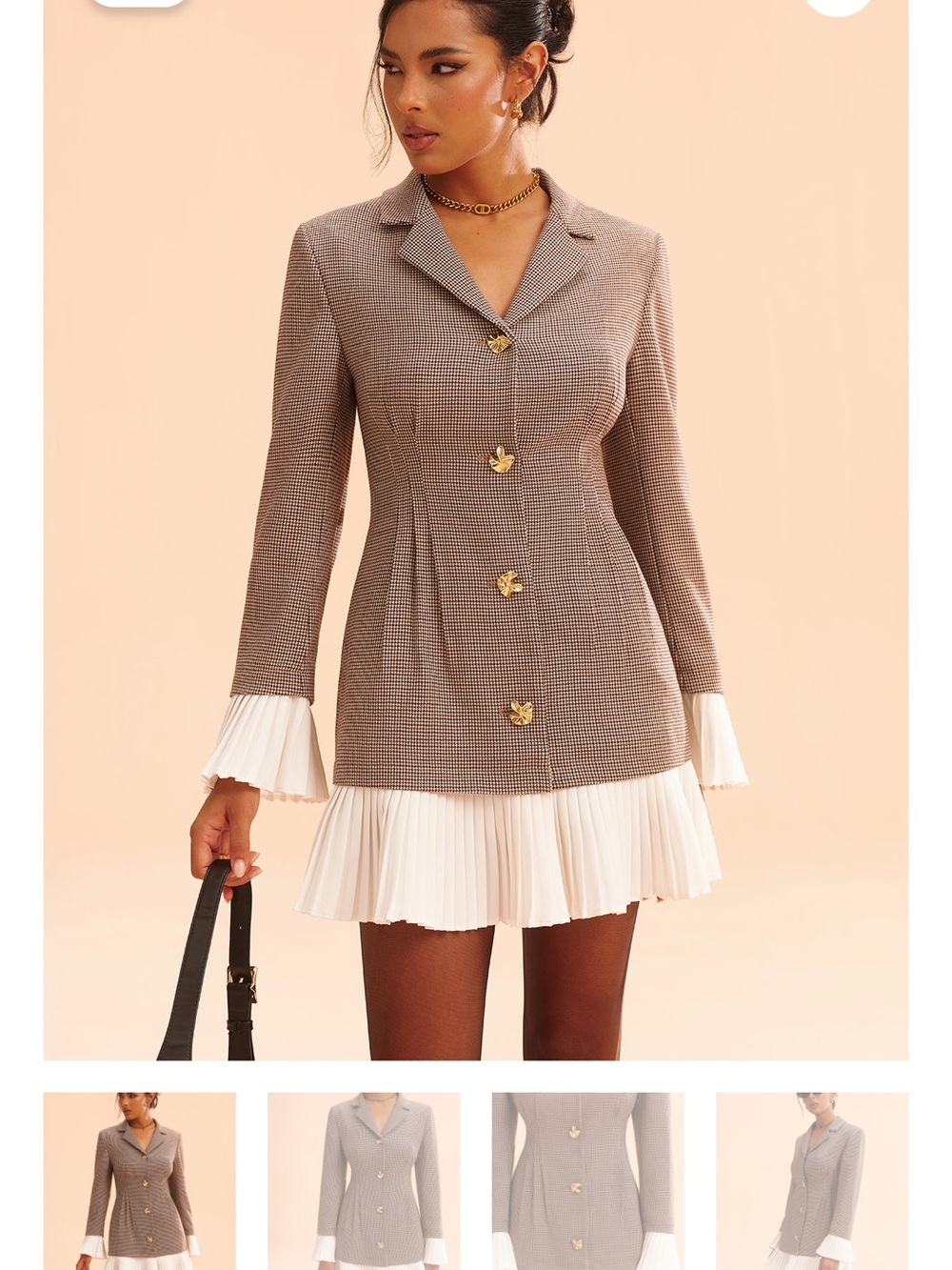 Commense Taupe Plaid Blazer Mini Dress with Cream Pleated Hem